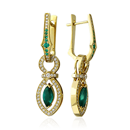 Серьги с изумрудом, бриллиантами из желтого золота 750 пробы (арт. 38260)