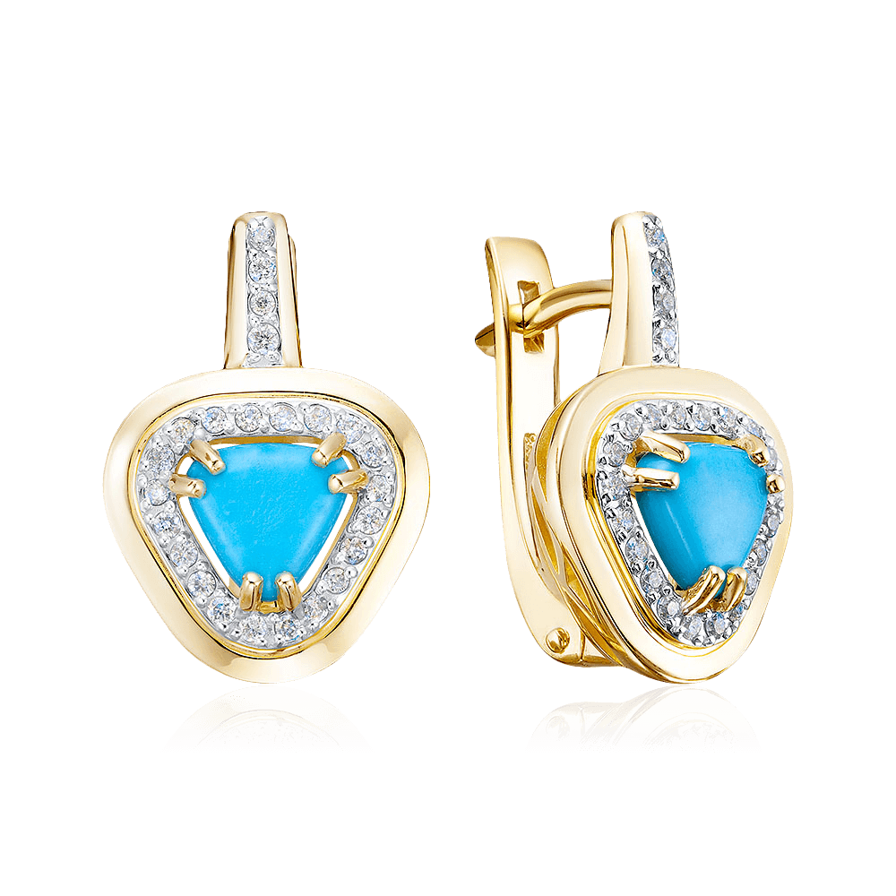 Серьги с бирюзой, бриллиантами из желтого золота 585 пробы, фото № 1