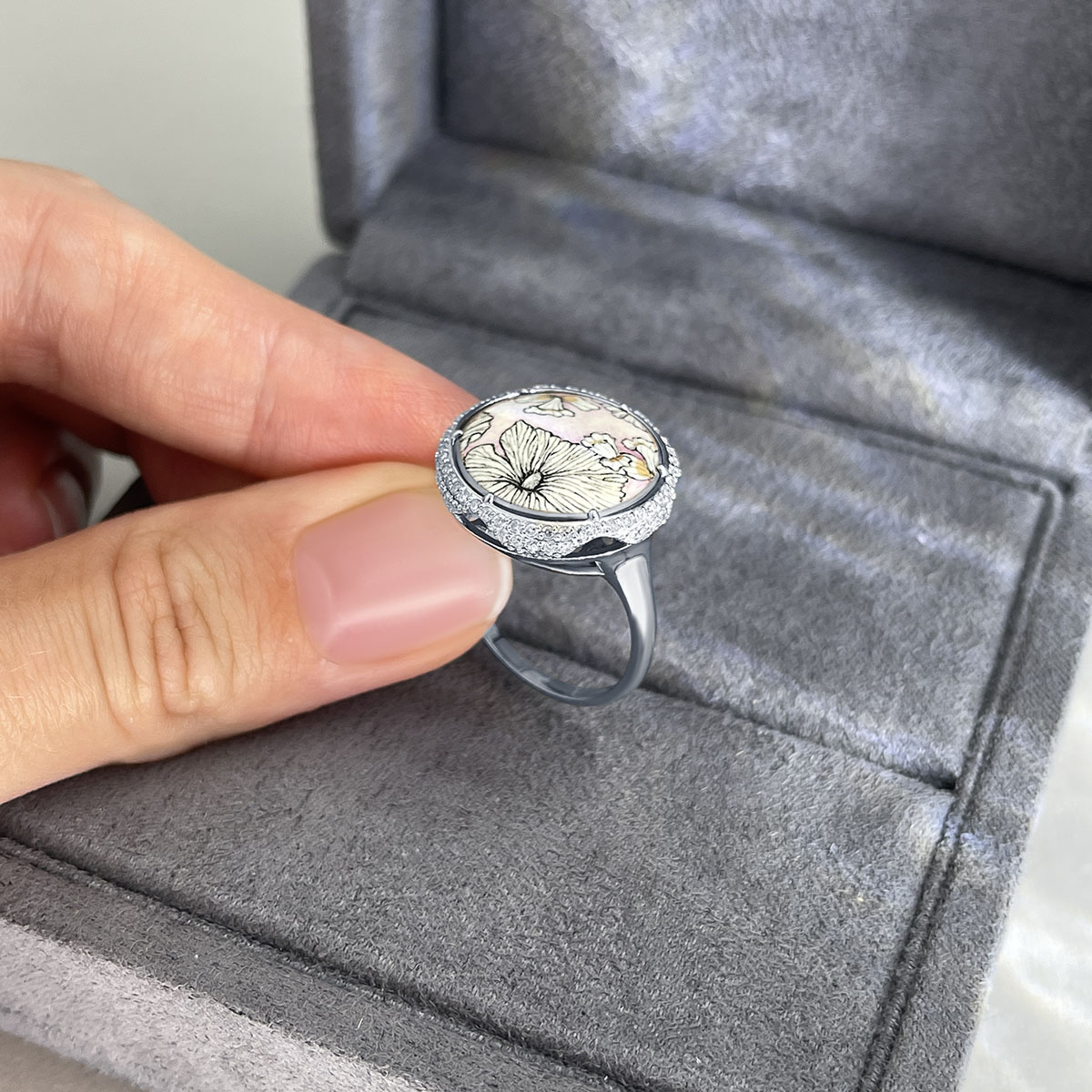 Кольцо с бриллиантами, финифтью из белого золота 585, фото № 3