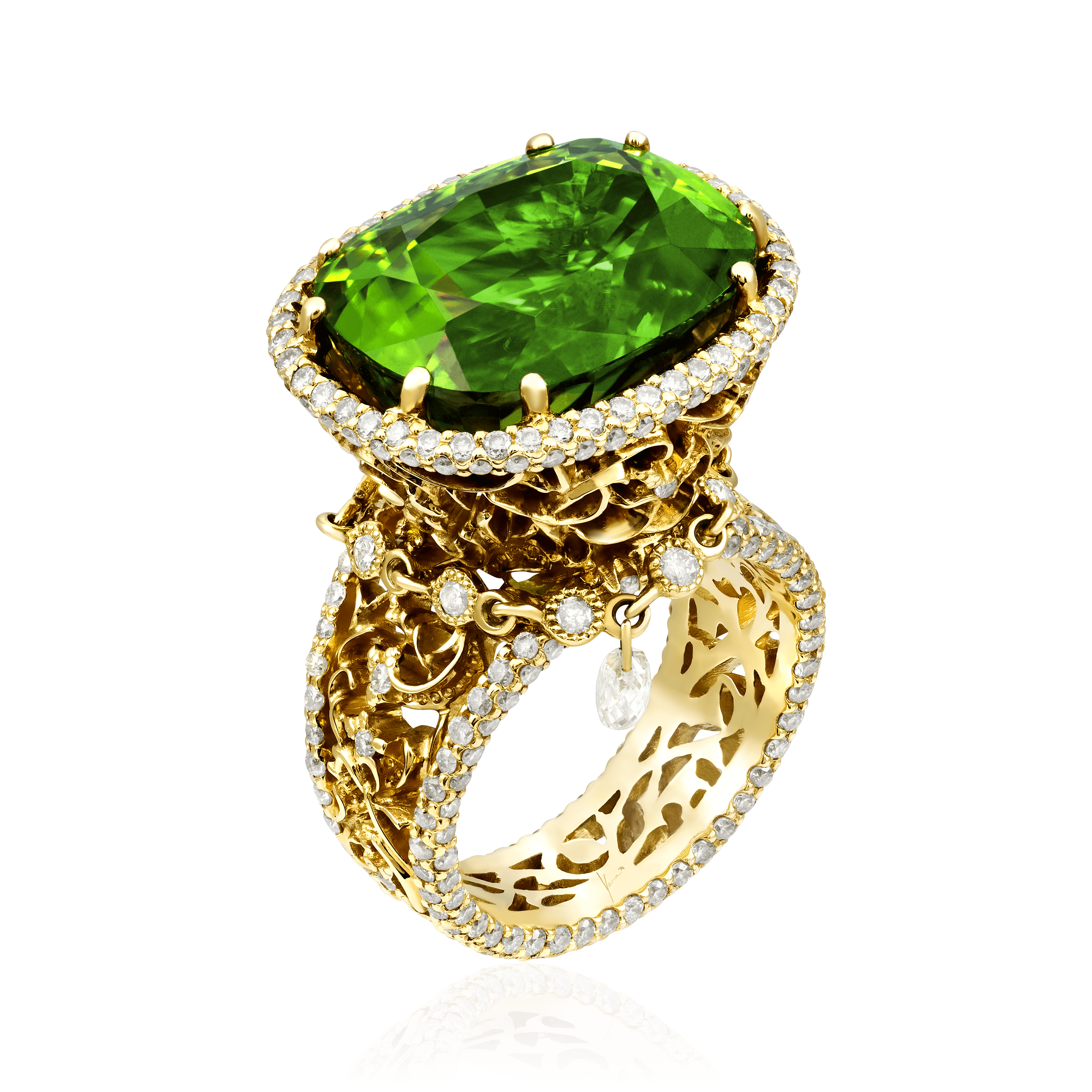 Кольцо с хризолитом, бриллиантами из желтого золота 750 пробы, фото № 1