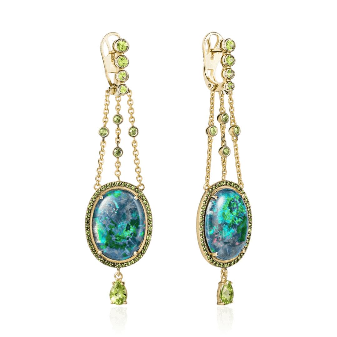 Серьги с опалом, хризолитом из желтого золота 585 пробы (арт. 126494)