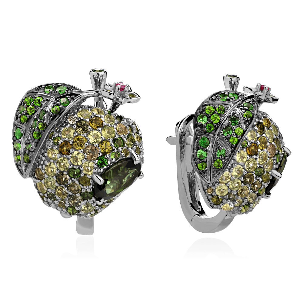 Серьги с турмалином, тсаворитом, рубином, бриллиантами, хризолитом из белого золота 585 пробы (арт. 88727)