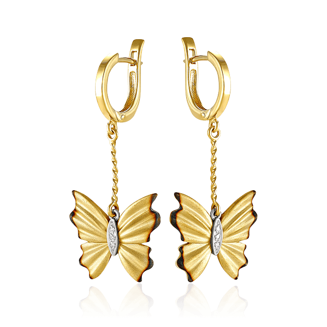 Длинные серьги Бабочки из желтого обожжённого золота в виде бабочек с капельками бриллиантовой росы (арт. 45195)