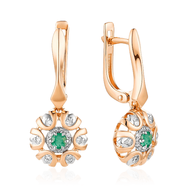 Серьги с изумрудом, бриллиантами из красного золота 585 пробы, фото № 1
