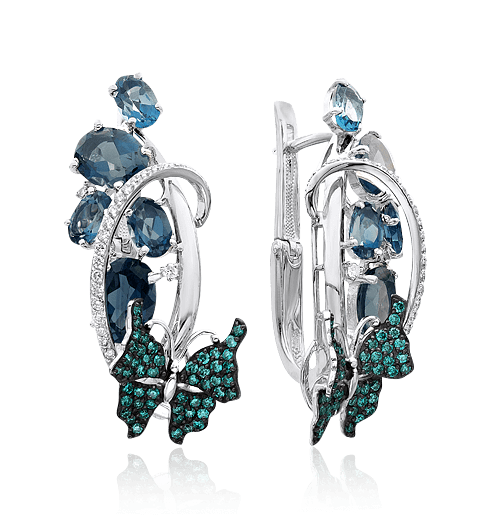 Серьги бабочки с лондон топазом, цветными сапфирами, бриллиантами из белого золота 585 пробы, фото № 1