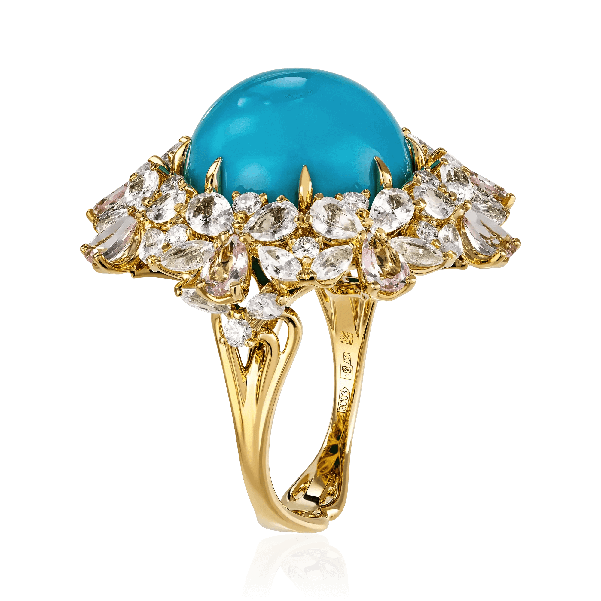 Кольцо с сапфиром, бриллиантами, бирюзой, морганитом из желтого золота 750 пробы, фото № 3