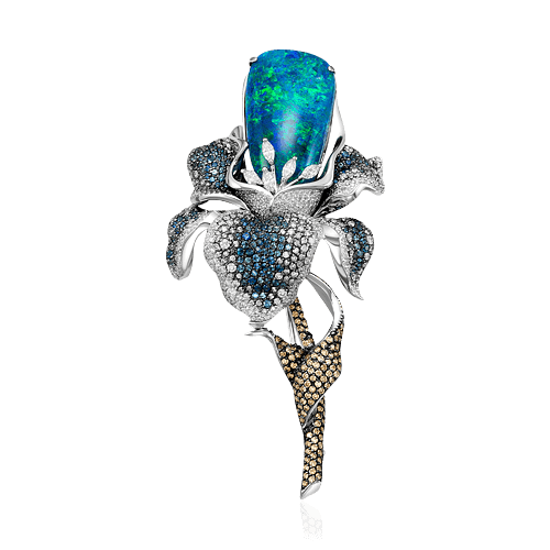 Брошь в виде цветка с опалом, сапфиром, бриллиантами из белого золота 585 пробы, фото № 1