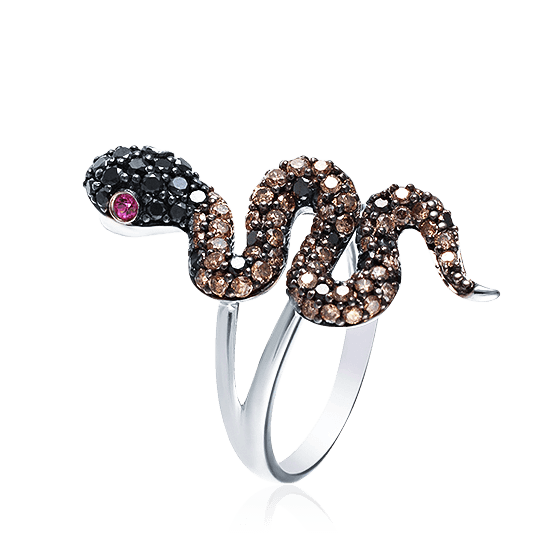 Кольцо Змея с бриллиантами, сапфиром фантазийным из белого золота 585, фото № 1