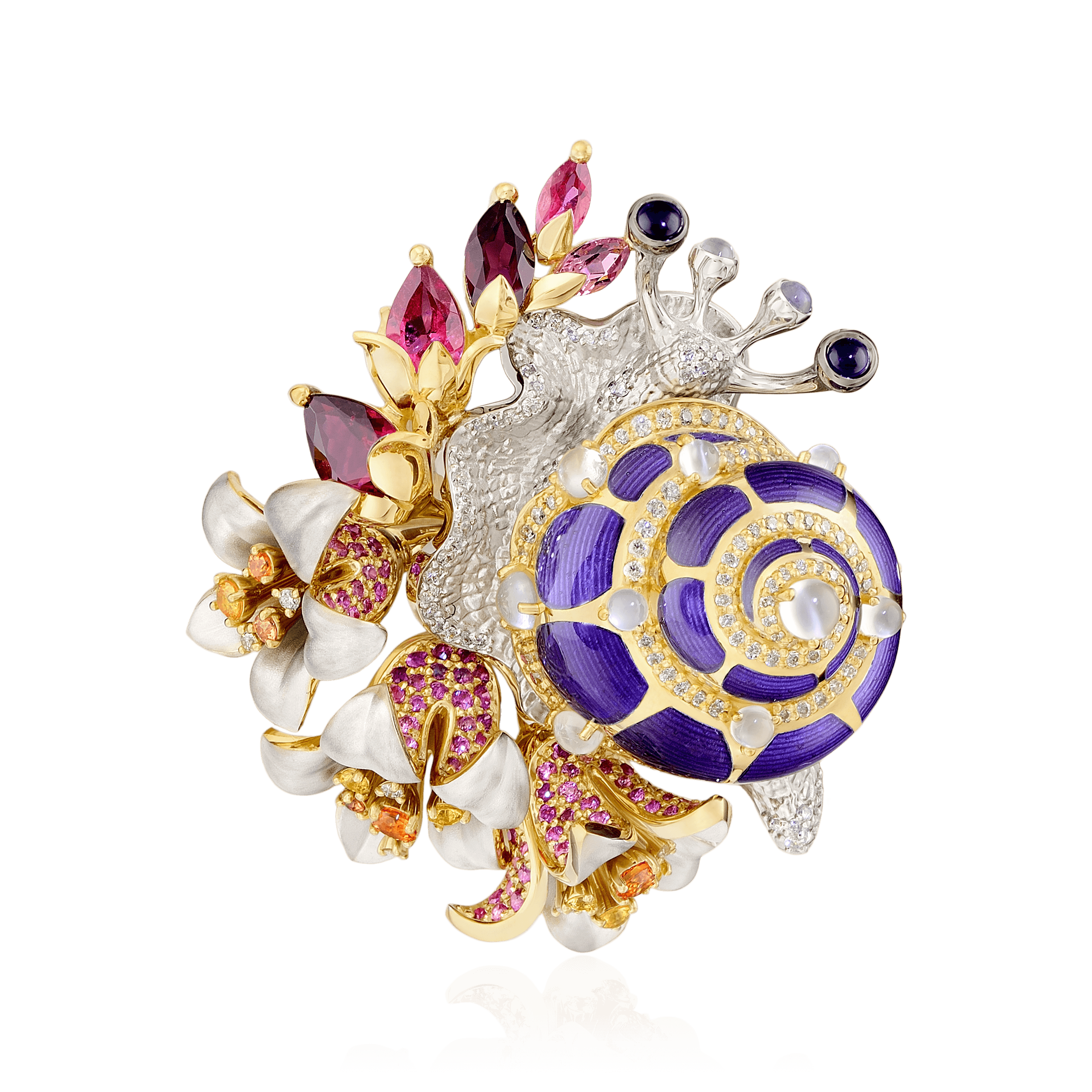 Кулон Улитка с лунным камнем, сапфиром, бриллиантами, эмалью, турмалином из желтого золота 750 пробы, фото № 1
