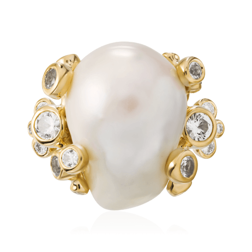 Кольцо с жемчугом, белыми сапфирами, бриллиантами из желтого золота 750 пробы, фото № 2