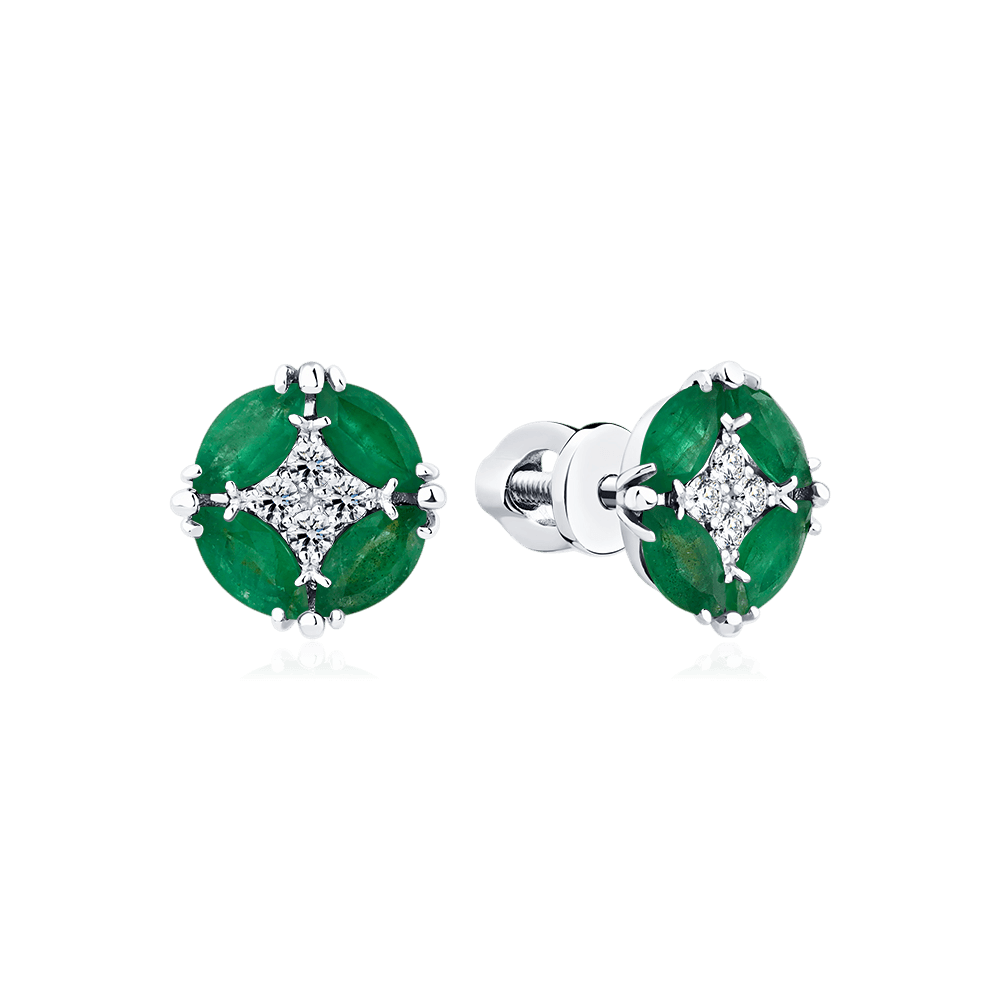 Серьги с изумрудом, бриллиантами из белого золота 585 пробы (арт. 132371)