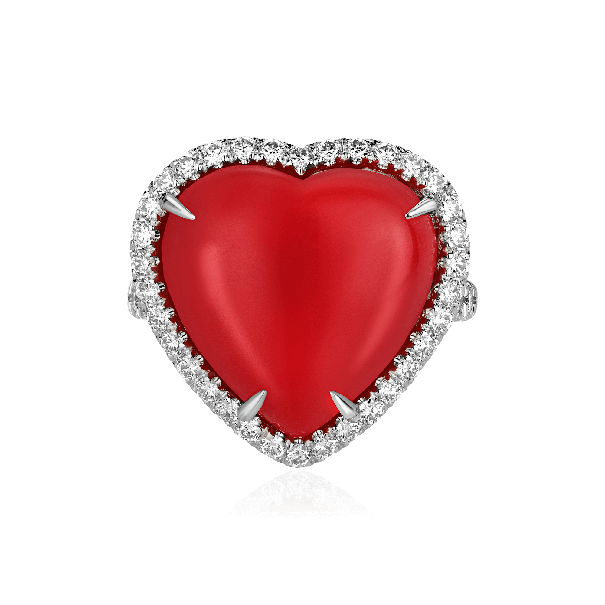 Кольцо в форме сердца с кораллом, бриллиантами из белого золота 750 пробы, фото № 2