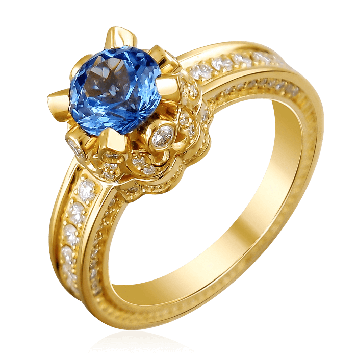 Кольцо с танзанитом, бриллиантами из желтого золота 750 пробы, фото № 1