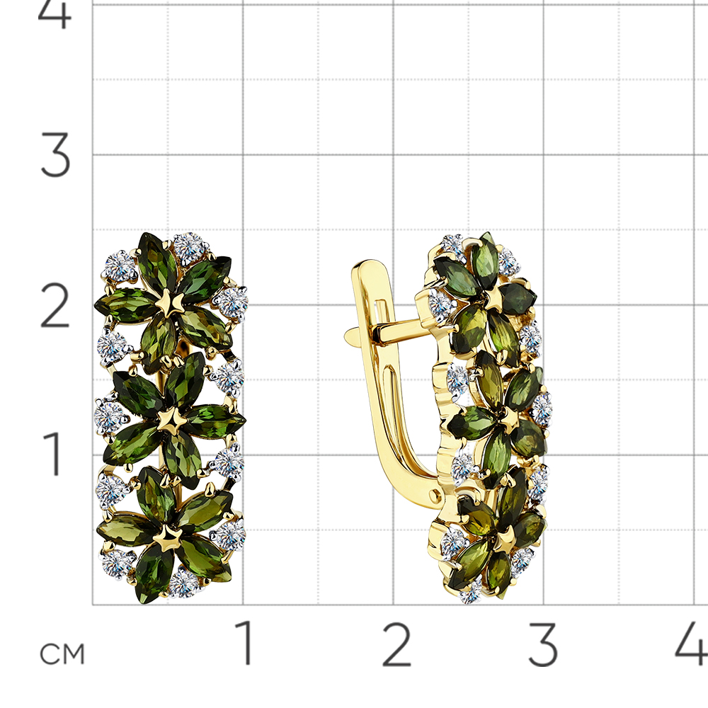 Серьги в виде цветов с турмалином, бриллиантами из желтого золота 585 пробы, фото № 2
