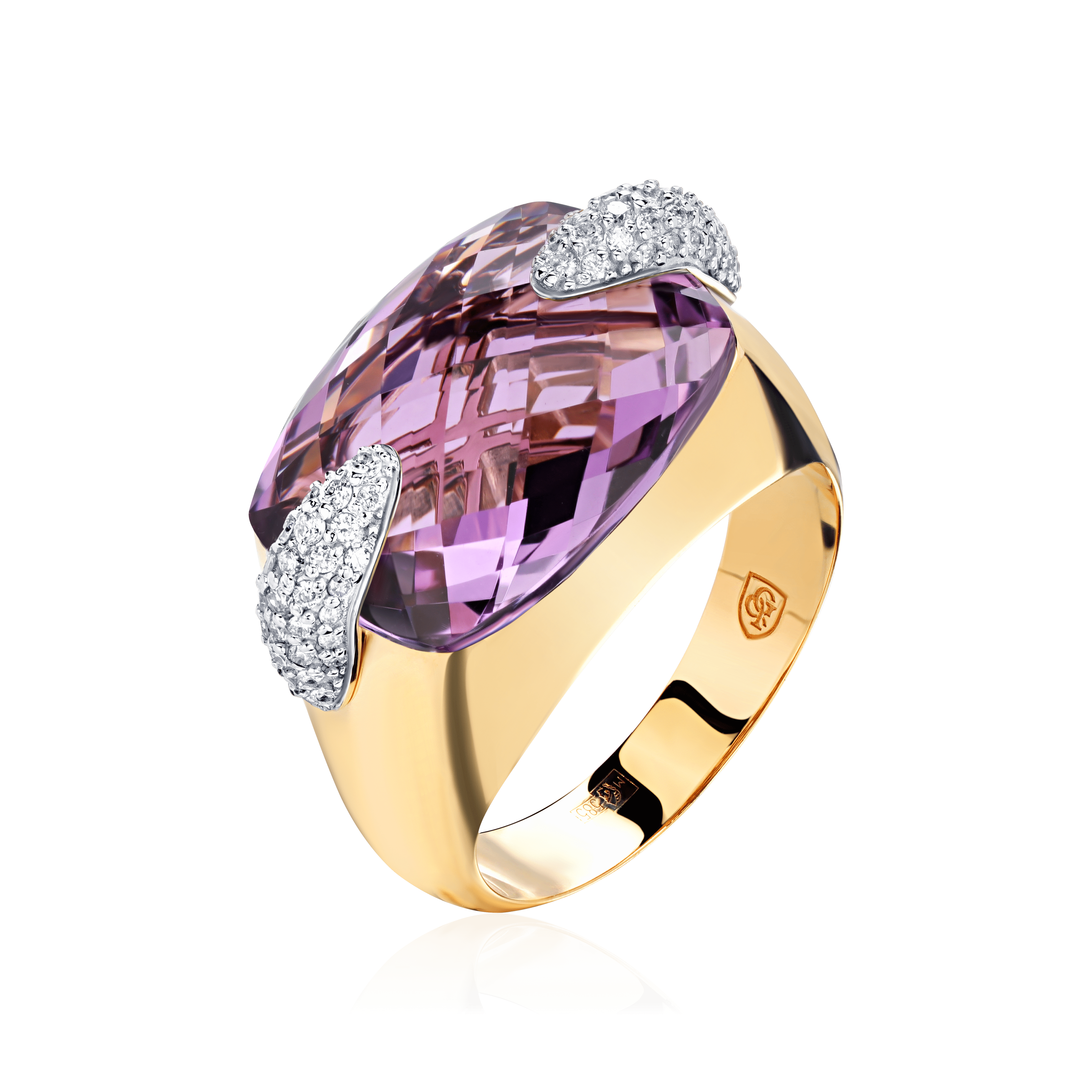 Кольцо с аметистом, бриллиантами из комбинированного золота 585 пробы (арт. 98561)