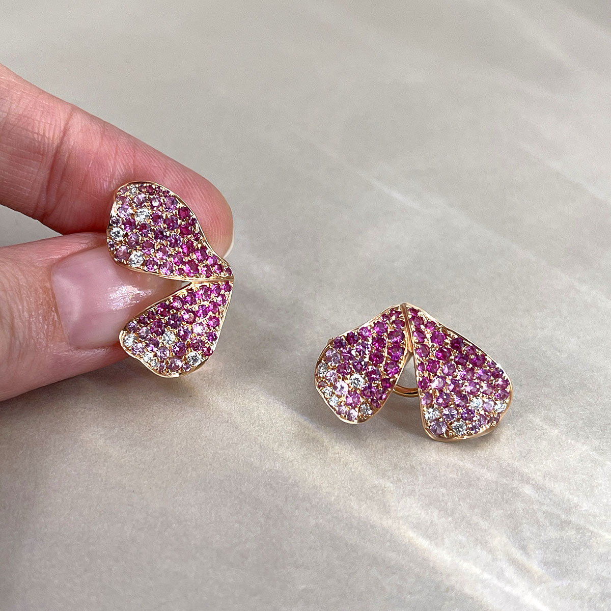 Серьги бабочки с розовыми сапфирами, бриллиантами из красного золота 585 пробы, фото № 5