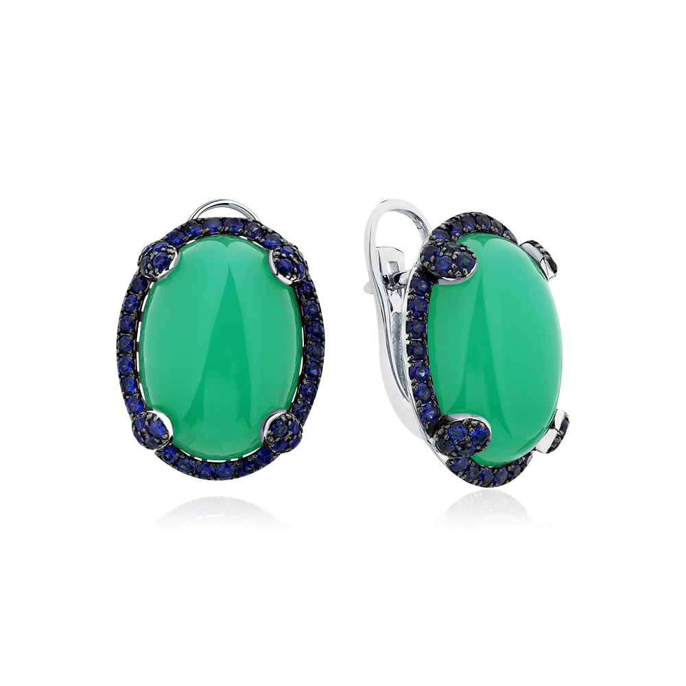 Серьги с сапфиром, хризопразом из белого золота 585 пробы (арт. 112328)