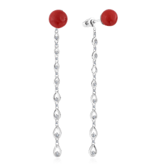 Серьги с кораллом, бриллиантами из белого золота 585 пробы (арт. 61268)