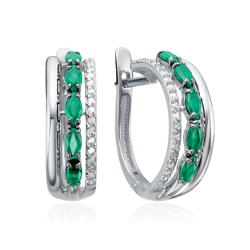 Серьги с изумрудом, бриллиантами из белого золота 585 пробы (арт. 125389)