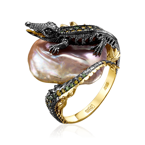 Кольцо Крокодил с жемчугом, бриллиантами из желтого золота 585 пробы (арт. 68265)