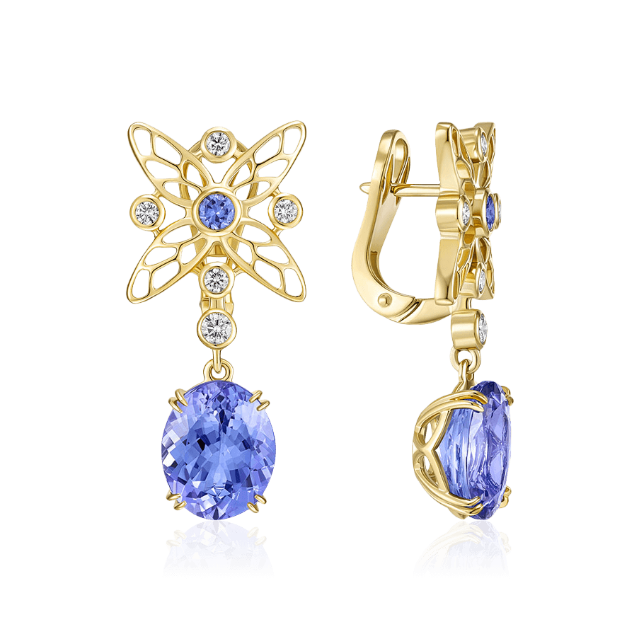 Серьги Libelle с танзанитом, сапфиром, бриллиантами из желтого золота 585 пробы, фото № 1