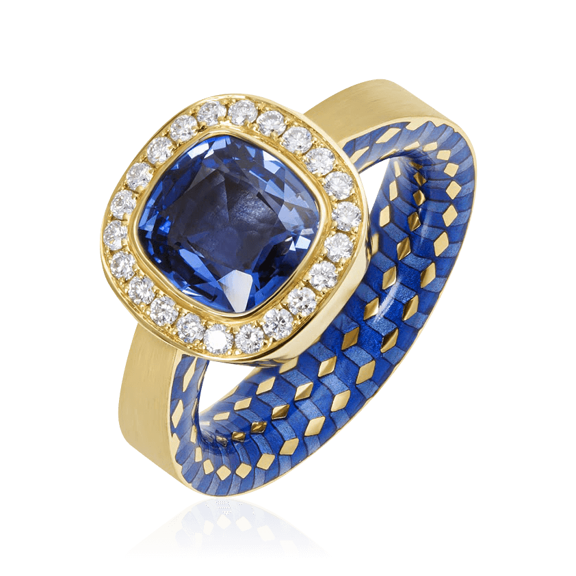 Кольцо с сапфиром, эмалью, бриллиантами из желтого золота 750 пробы, фото № 1