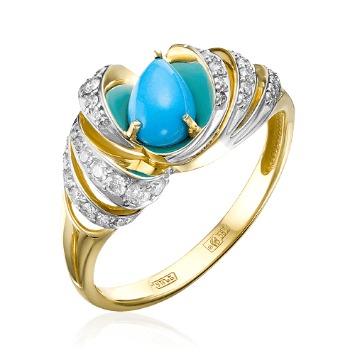 Кольцо с бирюзой, бриллиантами из комбинированного золота 585 пробы, фото № 1