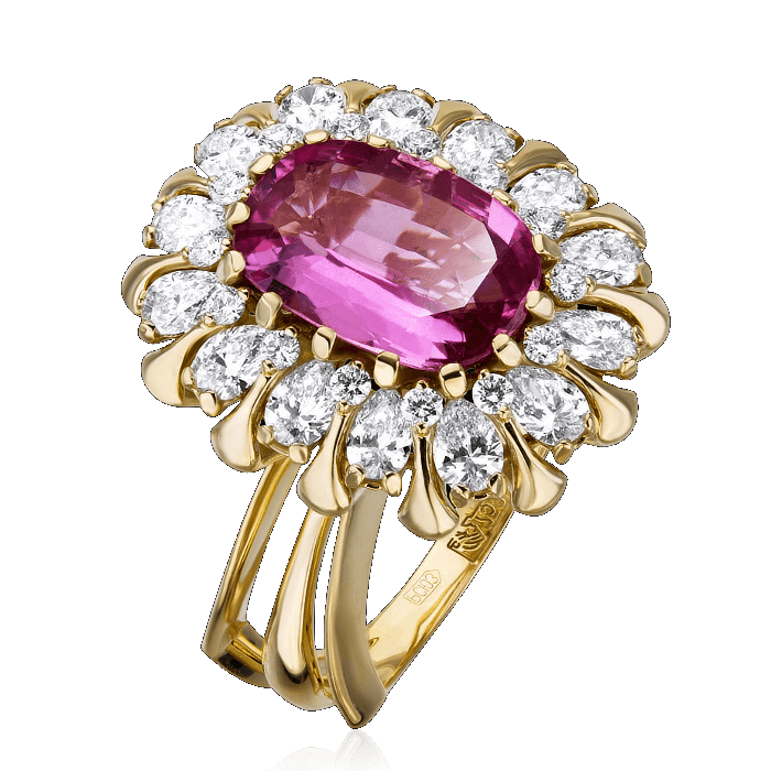 Кольцо с розовым сапфиром, бриллиантами из желтого золота 750 пробы (арт. 42574)