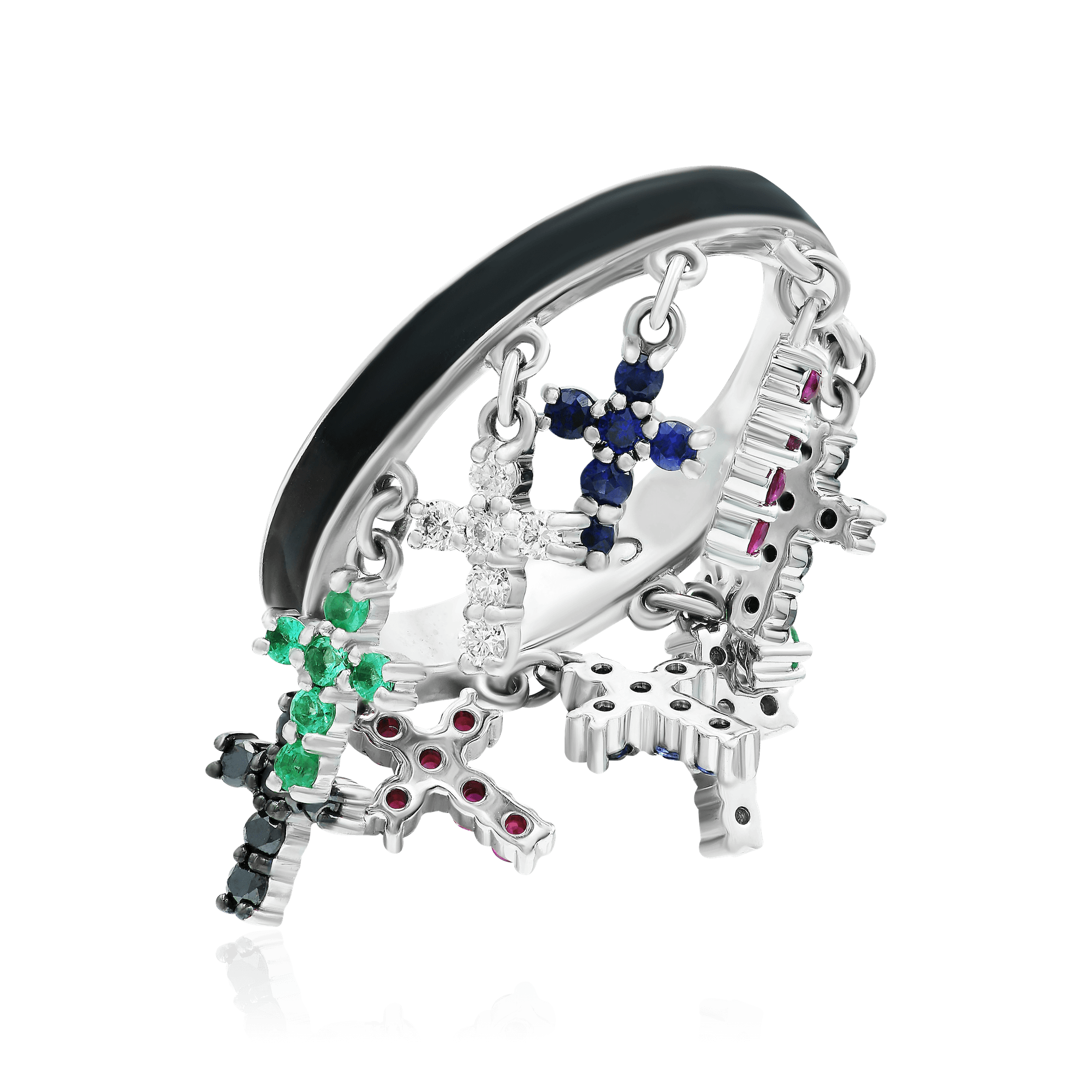 Кольцо Крестики с рубином, сапфиром, изумрудом, бриллиантами из белого золота 750 пробы, фото № 1