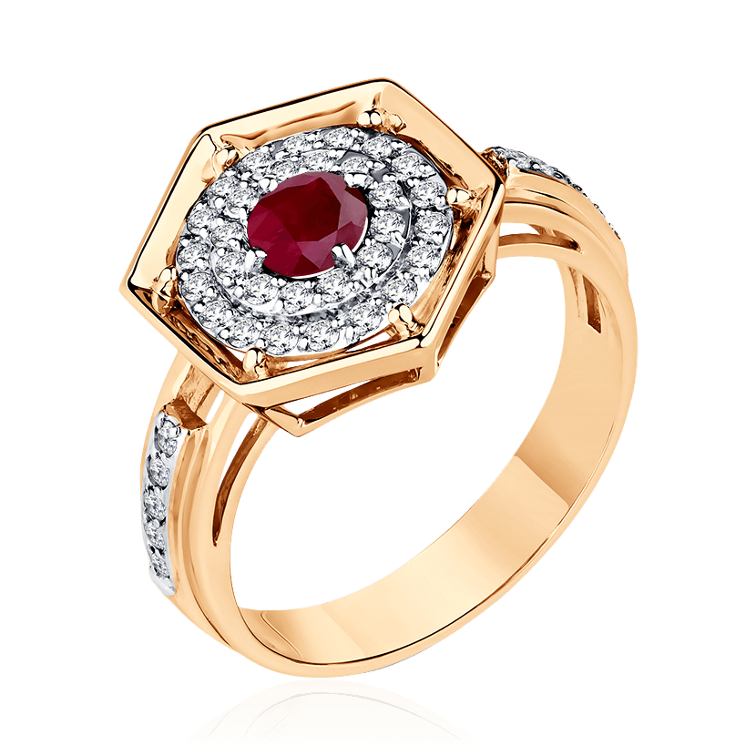 Кольцо с рубином, бриллиантами из комбинированного золота 585 пробы (арт. 104493)