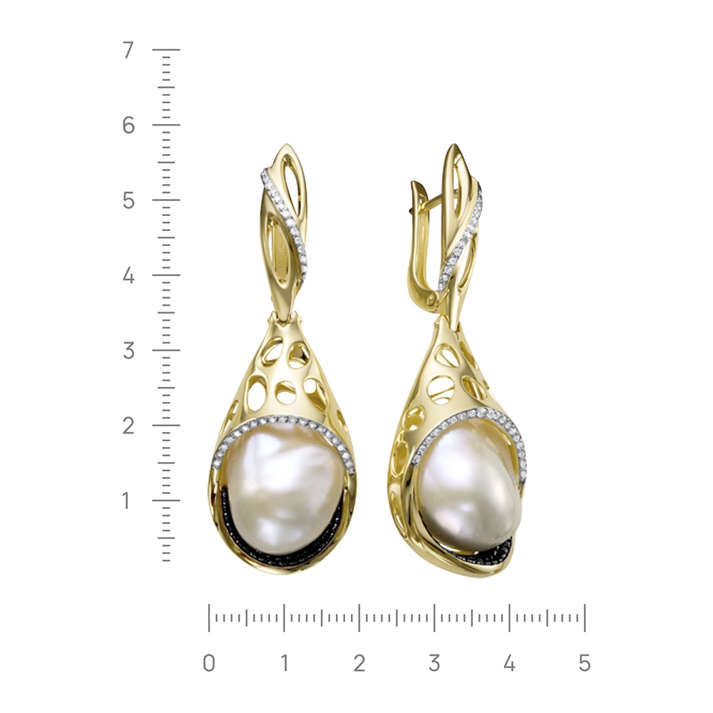 Серьги с жемчугом, бриллиантами из желтого золота 585 пробы, фото № 2