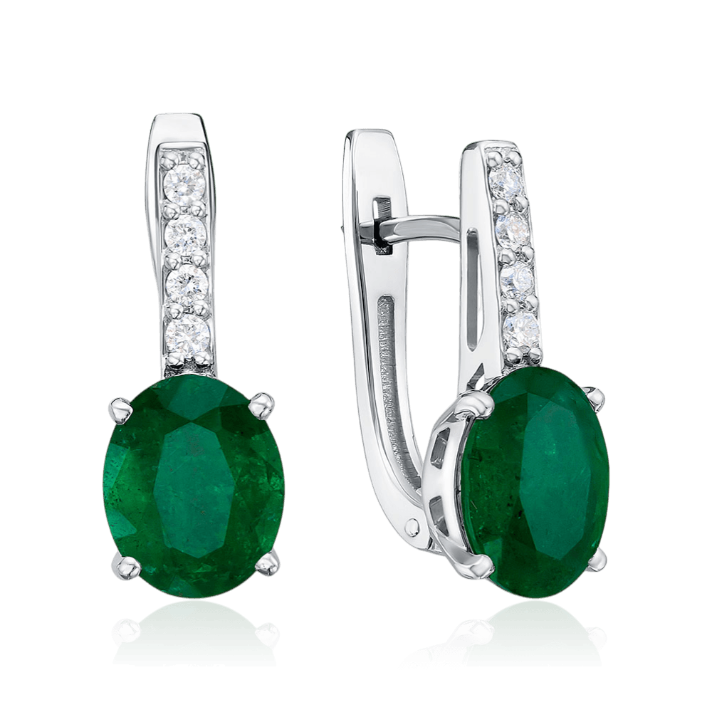 Серьги с изумрудом, бриллиантами из белого золота 585 пробы (арт. 128706)