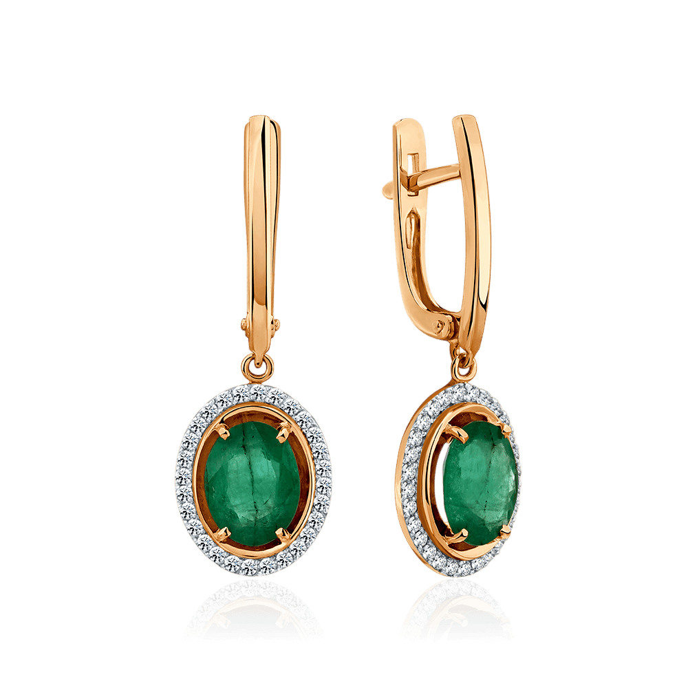 Серьги с изумрудом, бриллиантами из красного золота 585 пробы (арт. 132691)