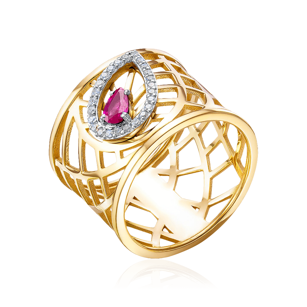 Кольцо с рубином, бриллиантами из комбинированного золота 585 пробы, фото № 1