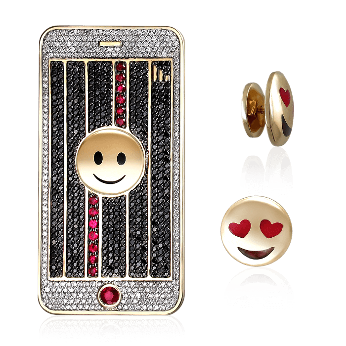 Брошь Iphone со сменными Emoji с бриллиантами, рубином, эмалью из желтого золота 585 пробы (арт. 47617)