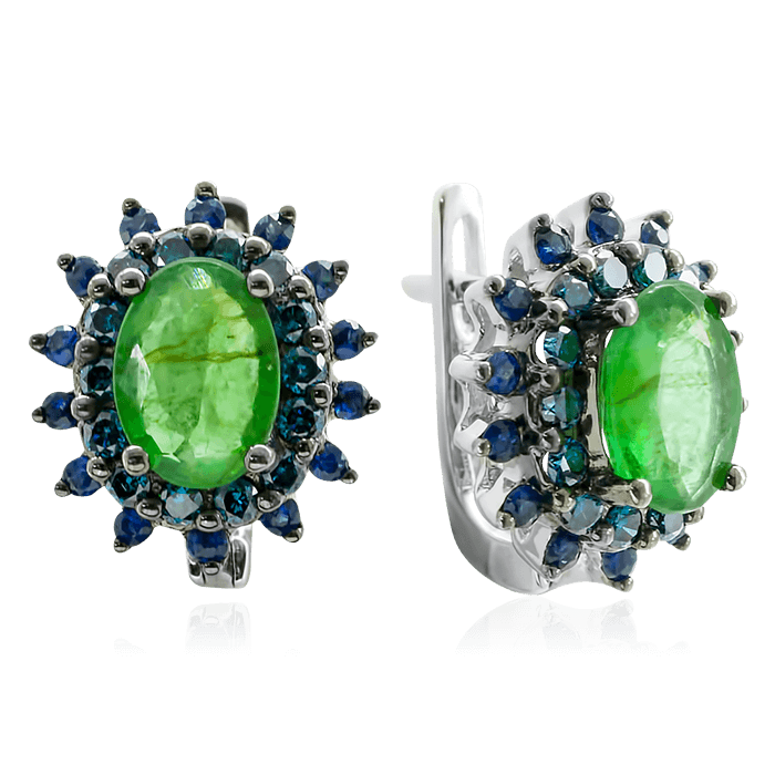 Серьги с сапфиром, бриллиантами, изумрудом из белого золота 585 пробы, фото № 1