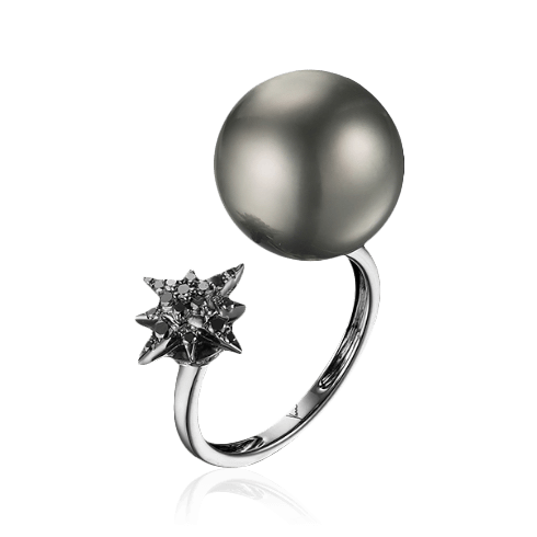 Кольцо с жемчугом и бриллиантами из черненого золота 750 пробы, фото № 1