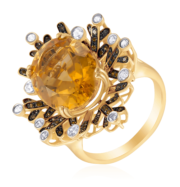 Кольцо с цитрином, бриллиантами из желтого золота 585 пробы, фото № 1