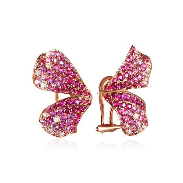 Серьги бабочки с розовыми сапфирами, бриллиантами из красного золота 585 пробы (арт. 43692)