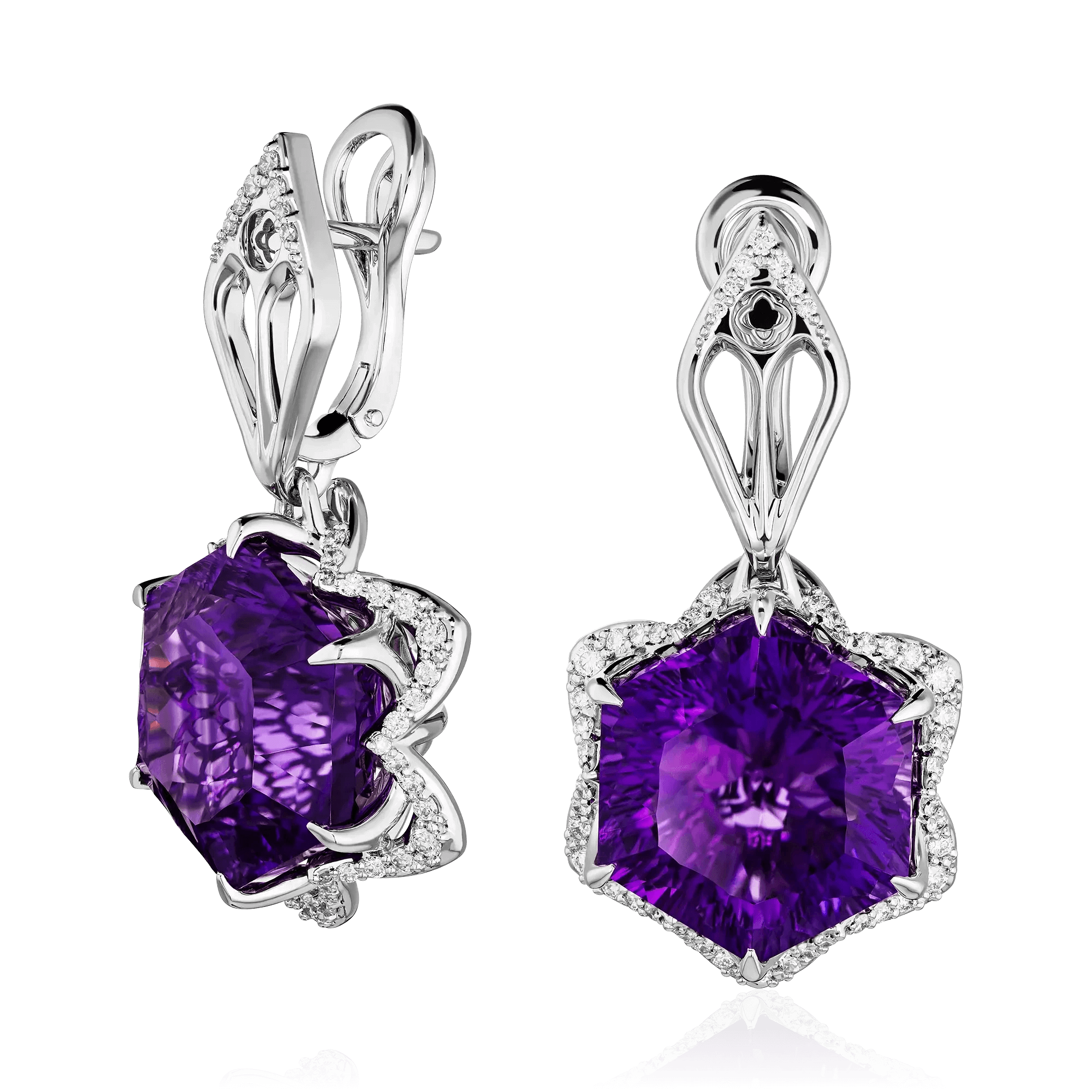 Серьги с аметистом, бриллиантами из белого золота 585 пробы (арт. 127263)