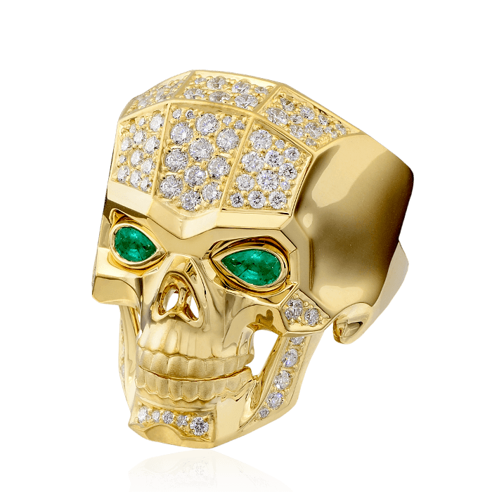 Мужское кольцо череп с изумрудом, бриллиантами из желтого золота 750 пробы, фото № 1