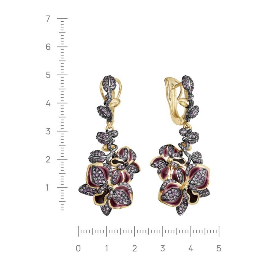Серьги Орхидея с сапфиром, эмалью из желтого золота 585 пробы, фото № 2