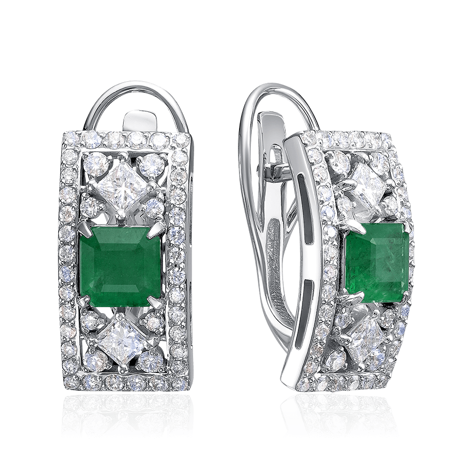 Серьги с изумрудом, бриллиантами из белого золота 585 пробы, фото № 1