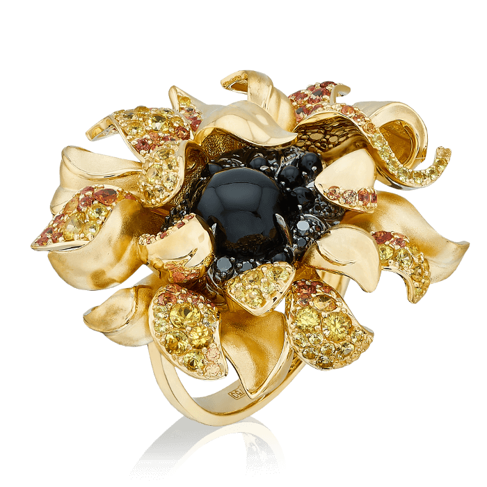 Кольцо Подсолнух с ониксом, цветными сапфирами, бриллиантами из желтого золота 585 пробы, фото № 1