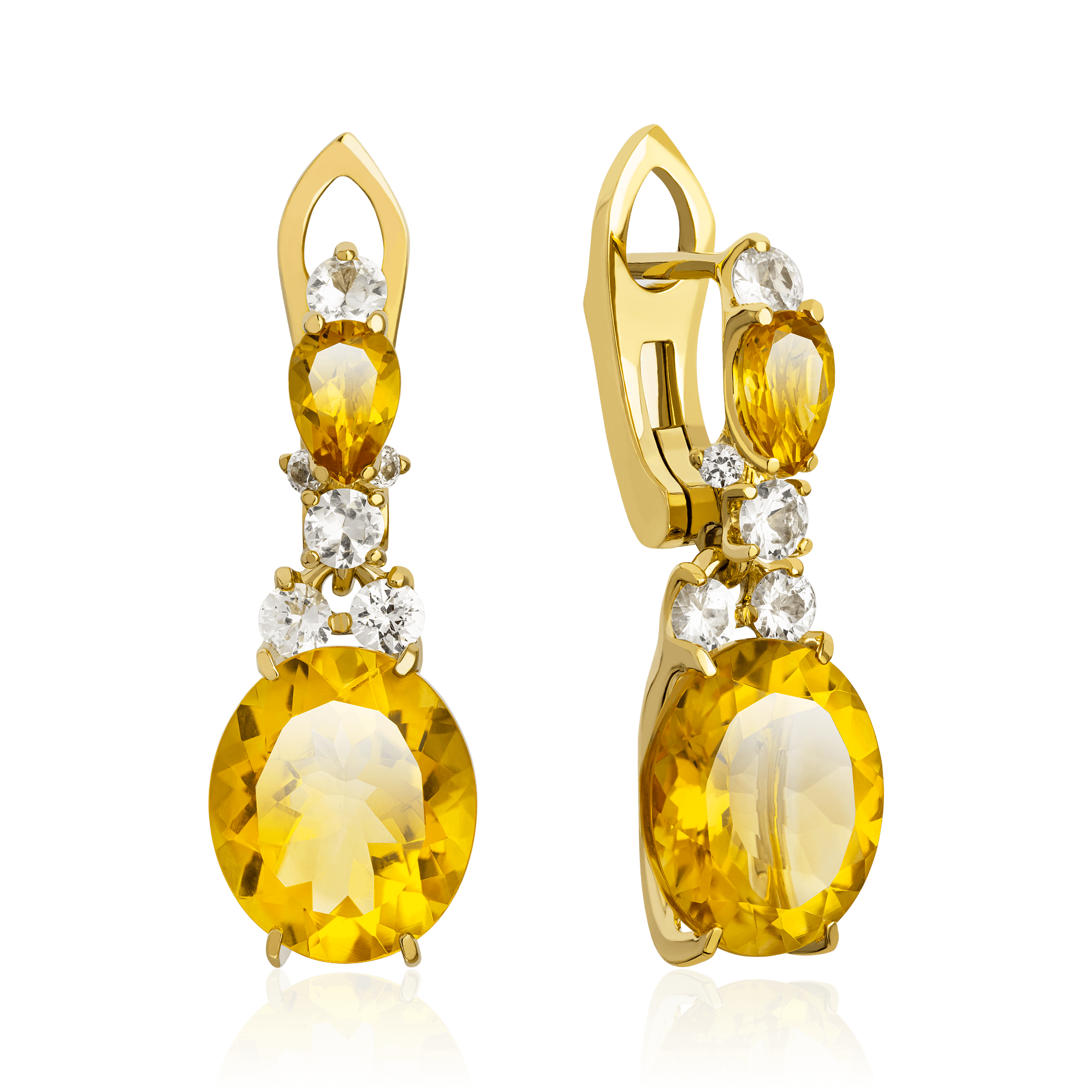 Серьги с цитрином, белыми сапфирами из желтого золота 750 пробы, фото № 1
