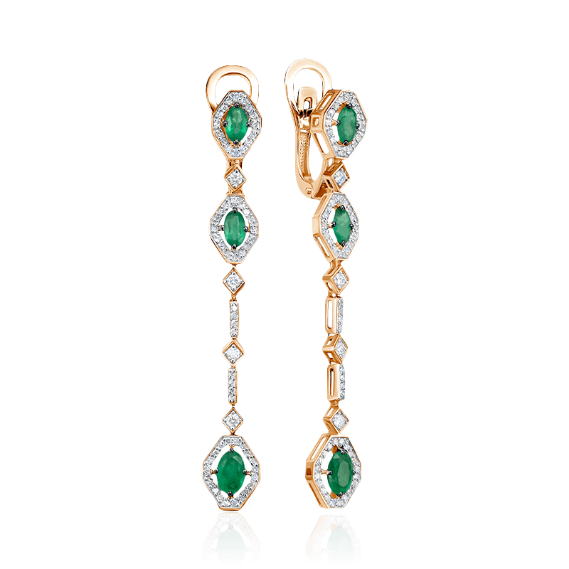 Серьги с изумрудом, бриллиантами из красного золота 585 пробы (арт. 122643)