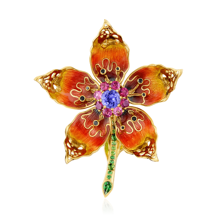 

Кулон с распускающимся бутоном из коллекции Diamond Flowers с цветными камнями, бриллиантами и эмалью в желтом золоте 750 пробы