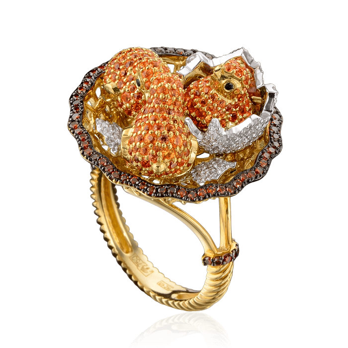 Кольцо Птенцы в гнезде с цветными сапфирами, бриллиантами в комбинированном золоте 750 пробы, фото № 2