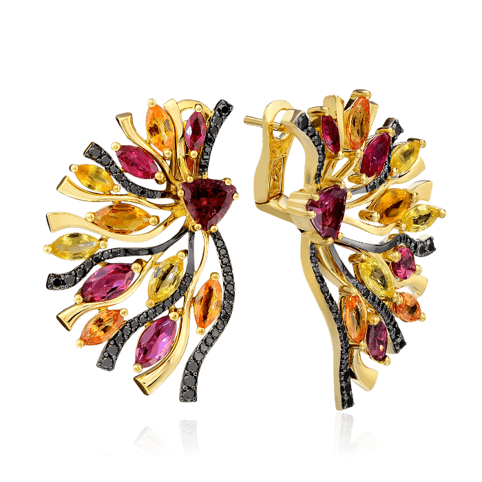 Серьги с цветными камнями и бриллиантами в желтом золоте 750 пробы, фото № 1