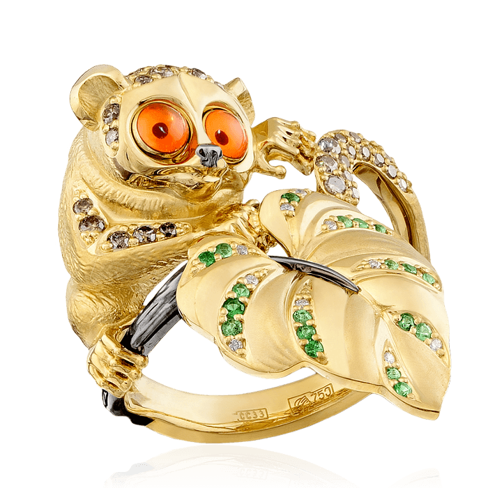 Кольцо Лемур с бриллиантами, эмалью, тсаворитом из желтого золота 750 пробы, фото № 1